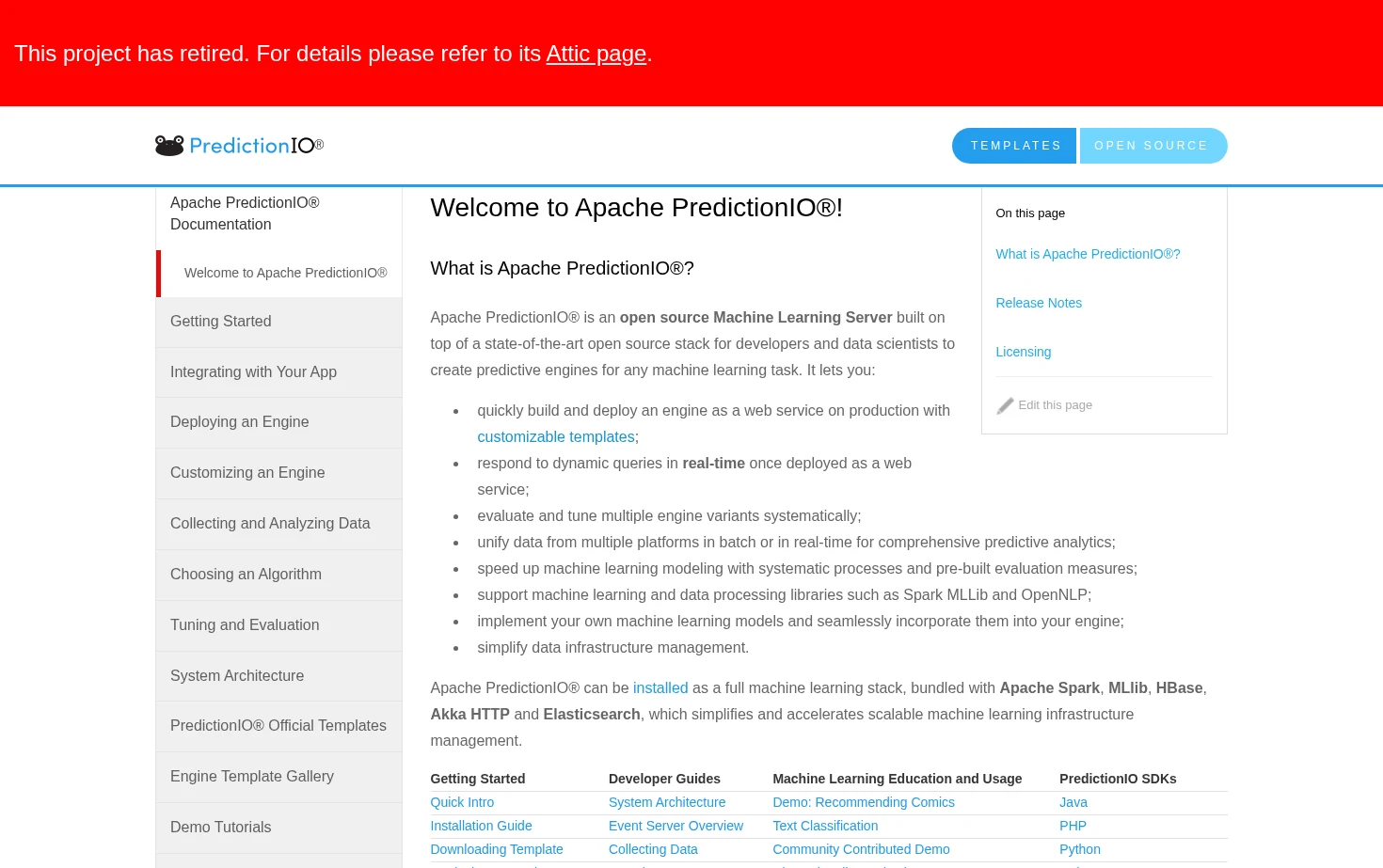 Apache PredictionIO 页面快照